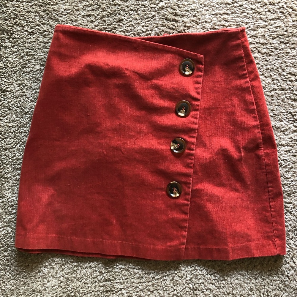 Red Corduroy Mini Skirt with Buttons